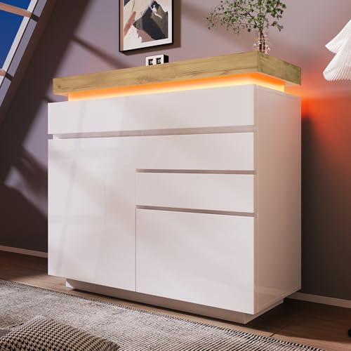 Jaxenor White High Gloss Sideboard LED Cabinet with 2 Doors 3 Drawers for Living Room, Dining Room, Hallway, Kitchen, Storage Display Cabinet with LED Light, App-Controlled (White)