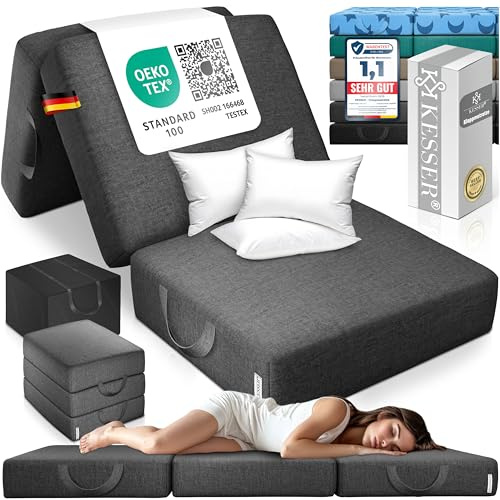 KESSER® Colchón plegable, 75 x 200 x 15 cm, plegable, 3 compartimentos, espuma de 25 kg/m³, extra grueso, 15 cm, transpirable, lavable, funda extraíble, incluye bolsa de camping