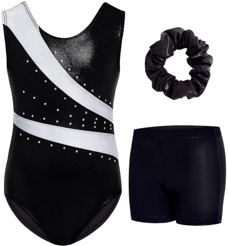 Gogokids Girls Three-Piece Gymnastics Set with Shorts, Kids Gymnastics Sleeveless Leotard with Gem Stones, Girls' Sparkling Gymnastics Outfit with Color Block Design Athletic Dancewear for Ages 9-10