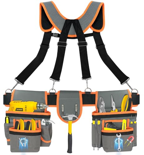 Werkzeuggürtel für Herren mit Magnetfunktion, große Kapazität, Tischler, Elektriker, Werkzeuggürtel mit Hosenträgern für Männer, Elektriker Werkzeugtasche mit verstellbarer Taillengröße, Grau und