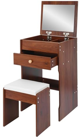 soudesileim Freistehend Schminktisch mit Klappspiegel, Stuhl, 1 Schublade, 1 Klappbares Staufach mit Trennwänden, Tragfähigkeit 90kg, Frisiertisch mit Spiegel Klein (Farbe der schwarzen Walnuß)