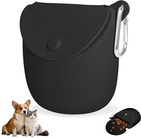 ZSSZD Hunde Futterbeutel, Leckerlibeutel Hundetraining, Silikon Leckerli Beutel Gürteltasche für Training, Spaziergänge, Leckerlitasche mit Magnetverschluss & Befestigungsclip (Schwarz)