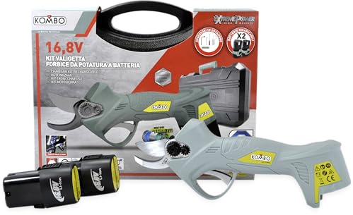 KOMBO Garden - Kit Forbici da Potatura Elettriche Professionali con 2 Batterie 16,8V – Motore Brushless, Lama Acciaio SK5, 3 Aperture Taglio (10-17-25mm), 3000 Tagli con 1 Carica, Valigetta Inclusa