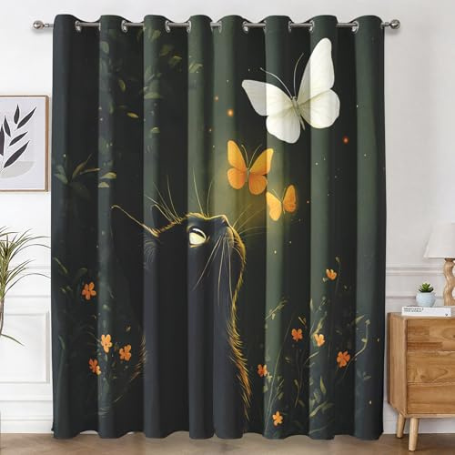 Genérico Cortinas Salon Gato Negro, Cortinas Dormitorio Gatito y Mariposa Lindo Decoracion Habitacion Ventana, Termicas Aislantes, con Anillas, 117x138 2 Piezas (An X Al) L-C&22