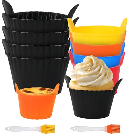WATUNID Set di 8 pirottini in silicone per friggitrice ad aria, con 2 spazzole per olio, pirottini per forno a microonde, stampo per uova per soufflé, muffin, cupcake, crema pasticcera (nero, colorato