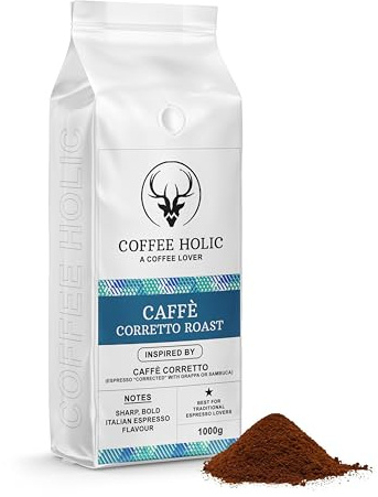 Coffeeholic Caffe Corretto Roast Ground Coffee 1kg – Bold Italian Espresso, Sharp & Intense Flavour, Ground Coffee for Cafetiere, Espresso Machines & Moka Pot, Medium Roast Ground Coffee Gift Set