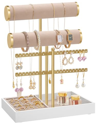 SONGMICS Bracelet Holder Stand, Jewellery Display Stand, Jewellery Organiser, with 2 Tiers and Velvet Tray, Earring Organiser, Removable Ring Holder, Tan and Pale Gold JJS046A101