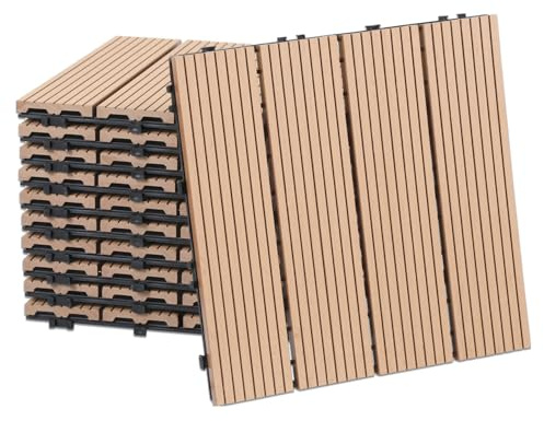 Monucep WPC terrassplattor 30 x 30 cm, 44 stycken = 4 m² teakfärg, balkong, golvplattor, trädgårdskakel med klicksystem, terrassbrädor som balkongplattor, klickplattor, vattentäta och halkfria.