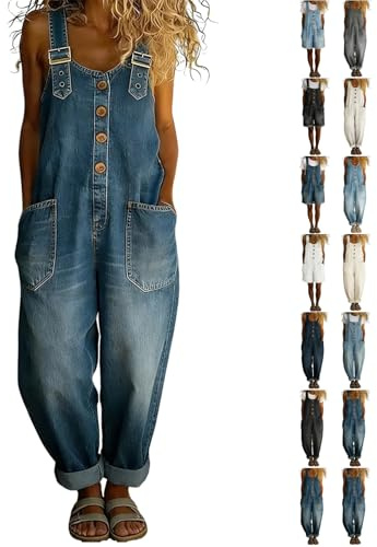 Salopette Jean Femme - En Pour Sans Manches Coupe Ample Denim De Lavé Combinaisons À Jambes Larges Conception Boutons Et Réglables Avec Poches Décontracté Pantalon, Salopette Jean Femme Stretch