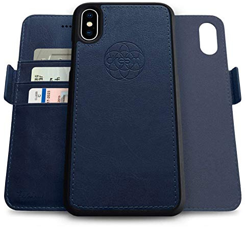 Dreem Fibonacci 2-i-1 plånboksfodral för Apple iPhone X/Xs - Högkvalitativt veganskt läder, magnetiskt, avtagbart och stötsäkert mobilfodral, RFID-betalkortsskydd, 2 stativlägen- Marinblå