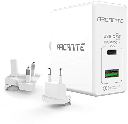ARCANITE - Cargador Premium USB de pared USB-C PD 3.0 / QC4+PPS (30W) y USB A QC 3.0 (18W), compatibilidad Internacional para UE / UK / USA