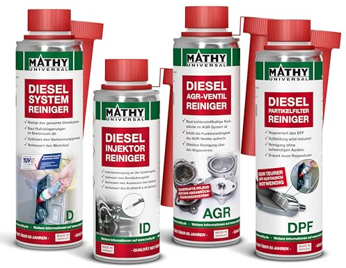 MATHY Diesel-Komplett-Kur - Diesel Additiv Reinigungsset - DPF Reiniger + Diesel Systemreiniger + Injektoren Reiniger + AGR Reiniger, 4 Dosen