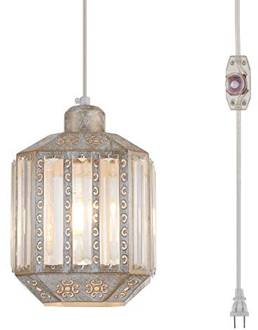 YLONG-ZS Pendelleuchten, Kristall Weiße Swag Lampe Rustikale Pendelleuchte Stecker 16.4FT Kordel Hängende Pendelleuchte Käfig Reihenfolge Ein / Aus Dimmer Schalter für Kücheninsel, Esszimmer,