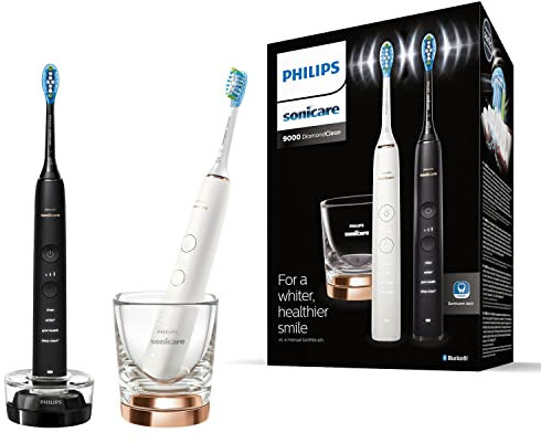 Philips Sonicare DiamondClean 9000 elektrische Zahnbürste, Schallzahnbürste mit App, Andruckkontrolle, 4 Putzmodi, 3 Intensitätsstufen, Ladeglas, Schwarz und Roségold, Zweierpack, Modell HX9914/57