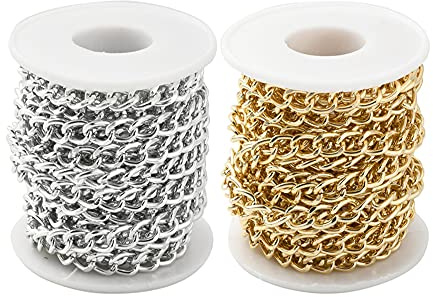 Vasemele Aluminium-Panzerketten 2 Rollen 5m Gedrehte Kette mit Spule Panzerketten Aluminium Ungeschweißt Ungeschweißt Gedrehte Kette Panzerkette aus Aluminium Gliederkette Gold Silber 10 * 6,5 mm