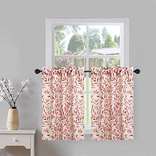 VOGOL Red Leaf Print Tier Curtains, Country Style, 30 x 30, 2 Panels | Vintage Leaf Pattern, Softens Bright Daylight, Charming Cafe Curtains for Kitchen, Living and Dining Rooms