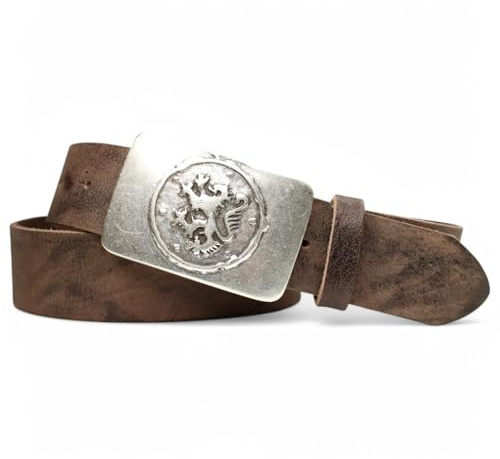 FRONHOFER Trachtengürtel Leder 4 cm mit Löwe Gürtelschnalle Antiksilber 8x5 cm Druckknopf Wechselschnalle Gürtel für Herren Lederhose und Jeans Made in Germany