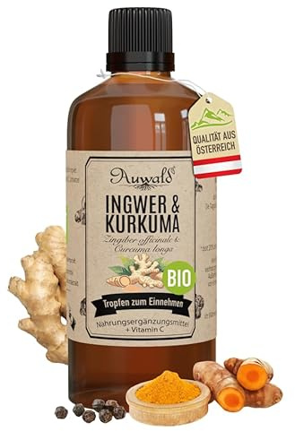 NEU! Auwald Ingwer & Kurkuma Tropfen BIO – Hochwertiger Auszug, Extrakt, Essenz & Tinktur – 100% BIO Landwirtschaft, Frei von künstlichen Zusätzen und Farbstoffen, Hergestellt in Österreich – 100ml