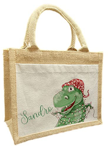 CreaDesign, Nikolaustasche mit Namen personalisiert, Nikolaustüte aus Jute, T-Rex XXL 26 x 22 x 14 cm