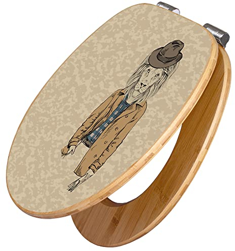 banjado Design WC Sitz Bambus Absenkautomatik 45,8x37,5cm / Toilettendeckel mit Absenkautomatik Holz/hochwertiger Bambus Klodeckel/WC-Sitz für gängigen Toiletten/Motiv Retro Style