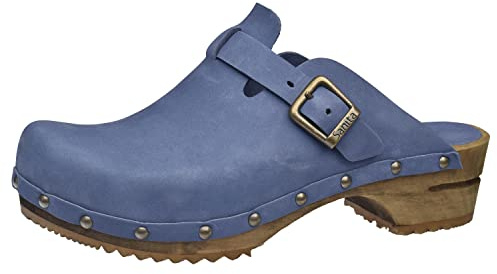 Sanita Kristel offener Clog | Original handgemacht | Leder-Holzclogs für Damen | Nachhaltige Sohle | Taube blau | 40 EU