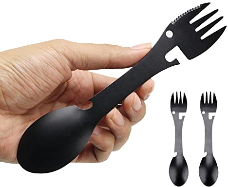 2 Stück Göffel mit Messer aus Edelstahl - Camping Besteck 5 In 1 Multifunktions Löffel Gabel Messer Flasche&Dosenöffner, Tragbarer Dosenöffner, Geeignet für Camping, Reisen, Wandern