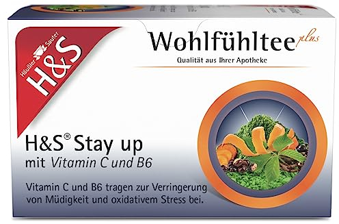 H&S Stay up mit Vitamin C und B6: Herb-süßer Tee mit Grüntee-Extrakt, Guarana, Acai und Curcuma, kombiniert mit Vitaminen, 20 x 1,5 g