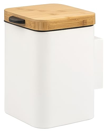 bremermann poubelle cosmétique murale carrée avec couvercle en bambou, support mural inclus, poubelle avec montage à 2 voies, à coller ou à percer, capacité de 3 litres, en métal blanc
