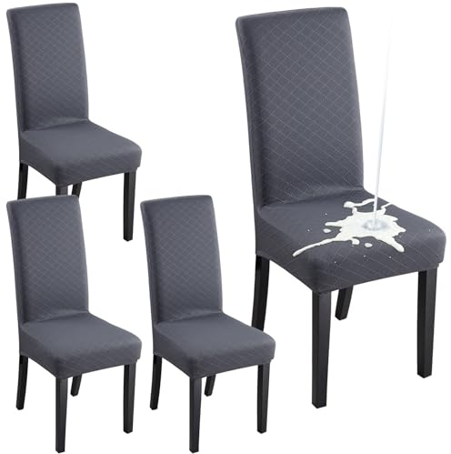 Fuloon Waterproof Chair Covers Dining Room Chair Slipcovers Jacquard Seat Covers Universal Chair Covers for Home Decor (Dark Grey, 4 Pieces)