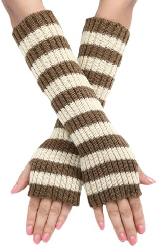 Y2k Striped Arm Warmers Long Fingerless Knitted Gloves Punk Gothic Alt Emo Scene Cool Winter Arm Sleeves Grunge Accessories (Khaki,One Size)