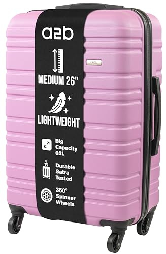 A2B 26 Medium Lightweight Hard Shell Suitcase - Pink Coloured Luggage | with 4 Spinner Wheels, Durable ABS Satra QC Tested Travel Cases for Holiday, Breaks, Big 62L Capacity 26 Inch Suitcases