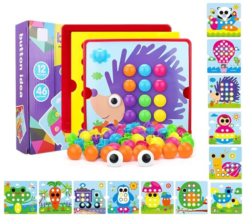 SCBOY Steckspiel ab 2 Mosaik Steckspiel Spielzeug ab 2 Jahre Mit 12 farbigen stecktafeln und 46 perlen Baby color steckspiel（Igel）
