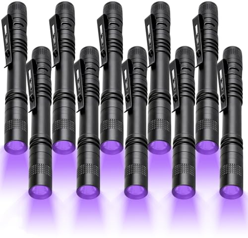 MVIOCS 10 linternas de luz negra UV, paquete de 10 mini bolígrafos de 395 nm con clip, linterna negra impermeable para fugas, orina de mascotas, escorpión, inspección de hotel, manchas secas y