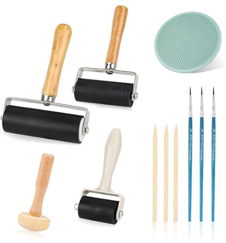 Brayer Roller for Crafts, 3 PCS Rubber Roller Paint and Ink Hand Roller Tool with 1 Mushroom Roller 1 Plastic Stamp Making Pressure Plate Painting Brushes
