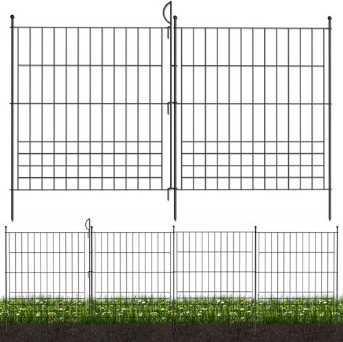 Hopesun No Dig Fence 10 Paneele, 81,3 cm (H) x 7,5 m (L), dekorativer Metall-Gartenzaun und Tor, Tier-Haustier-Barriere, Außenzaun für Landschaft, rostfrei und schnelle Installation, Schwarz
