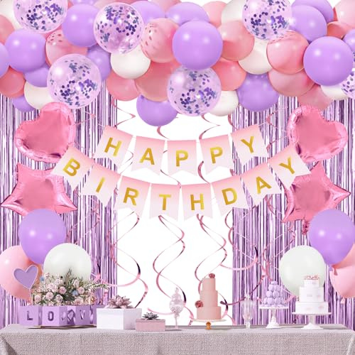 Rosa Lila Luftballons Geburtstagsdeko Set,Luftballons Rosa Weiss Lila,Happy Birthday Banner,Lametta Vorhang,Luftballons Konfetti,Rosa Lila Ballon Set Für Party Deko Geburtstagsdeko Mädchen Frauen