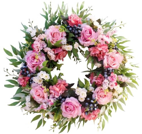 Rose Wreath 22 Inch Fade Resistant Spring Wreaths Realistic Flower Wreath for Front Door Peony Wreath for Farmhouse Door Wall Window Decor
