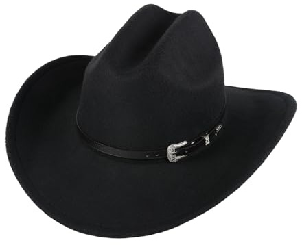 Western Cowboy Hat for Men Women Classic Western Felt Fedora Hats Wide Brim with Belt Roll Up Cowboy Hat Cowgirl Hat with Buckle Belt Unisex for Outdoor