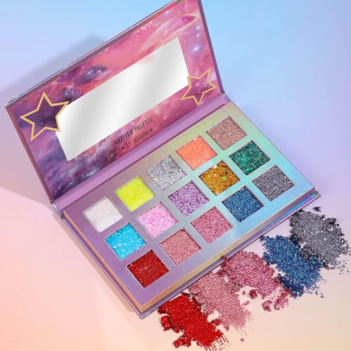 KARLOR Glitzer Lidschatten Palette - 15 Farben Große Pailletten Lidschatten, Gesicht Augen Körper Funkelnd Face Glitter Powder Hochglänzend Ultraglänzend Metallic Eyeshadow