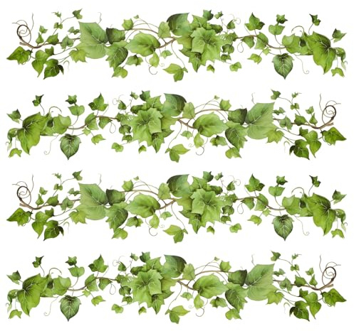 Green Leafy Vine Wall Stickers Decor 4 Pcs Green Natural Plant Wall Decals Peel and Stick Leaf Wall Stickers for Living Room Bedroom Classroom Kitchen Art Decorations