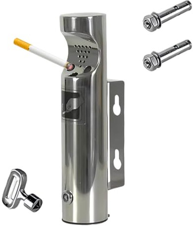 Edelstahl Wandaschenbecher, Aschenbecher Wandmontage mit Poröser Rauchlöschöffnung, Wandaschenbecher für Draußen mit Raucherschild und Dreiecksschloss für Terrasse, Restaurant, Hotel (6.3x30cm)