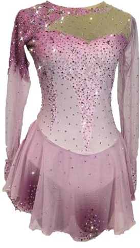 JRUIA Professionelles Eiskunstlaufkleid Für Kinder Langärmliges Eislaufkostüm Für Mädchen Ballett Gymnastikanzug Aus Glänzendem Kristall Hohe Elastizität