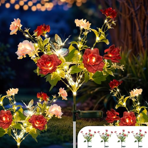 TopVelo Solar Gartenleuchte 120 LEDs, 4 Packungen Blumen Solarleuchten Außen mit Schmetterling, Intelligentes Lichtsteuerungssystem, IP65 Wasserdicht, Rosen Wegeleuchten für Dekoration Innenhof, Zaun