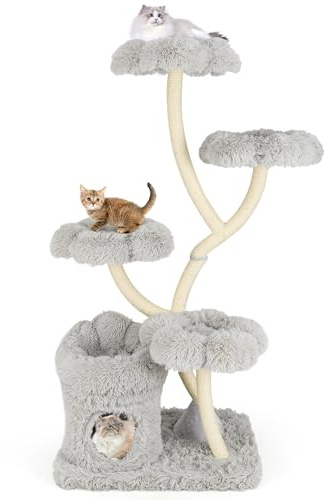 COSTWAY 165cm Kratzbaum Holz, Katzenbaum mit 4 warmen Liegeflächen & Katzenhöhle & Sisalstämmen, Kletterbaum Katzenkratzbaum groß, Katzenturm mit Metallgestell, Katzenmöbel für Katzen (Grau)