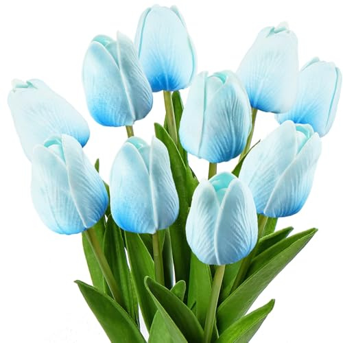 dellyy 10 Tulipanes Artificiales, Tulipanes Artificiales Realistas como los Reales, Flores Artificiales para Decoración de Sala de Estar y Dormitorio, Ramos de Flores Artificiales (Azul)