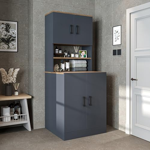 ROOMART, Salle de bain, armoire pour machine à laver, tour de lavage, étagère de machine à laver, superstructure de machine à laver - Lg : 70 x 180 x 69 cm (avec armoire supérieure, chêne anthracite)