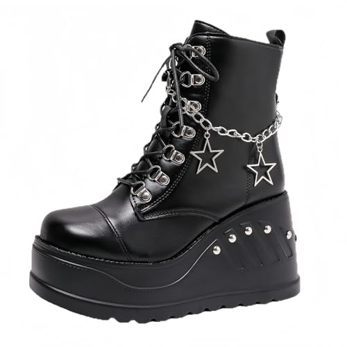 Maimeili Women's Gothic Platform Combat Boots with Bat Wings Lace-up with Buckle Straps Ankle Boots Chunky Platform Sole Fashion Studded Motorcycle Boots