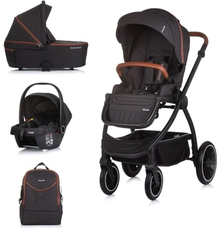 Chipolino Kombikinderwagen 3 in 1 Prestige Babywanne Rucksack i-Size Babyschale schwarz