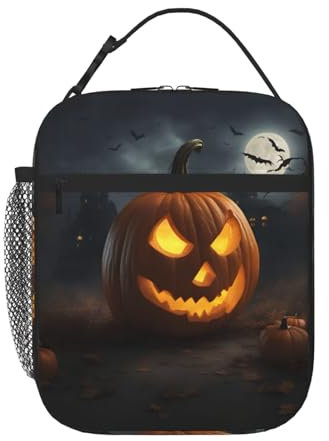 YaWea Bolsa de almuerzo con estampado de calabaza de Halloween, lonchera grande para mujeres, hombres y adultos, con bolsillos laterales para el trabajo y la oficina