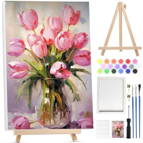 BOWETILE Fleurs Roses Peinture par Numéros pour Adultes Avec Cadre,Kit Paysage Peinture Numero pour Adultes Débutants Kit Toile avec Chevalet en Bois, DIY Peinture Acrylique pour Décoration 20x30cm